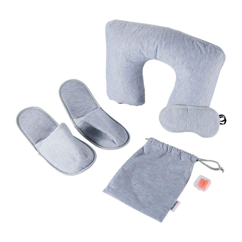 Kit viajero 5 en 1 Roadtrip almohada en U + antifaz + tapones para oídos + pantuflas + bolsa con cordón, gris